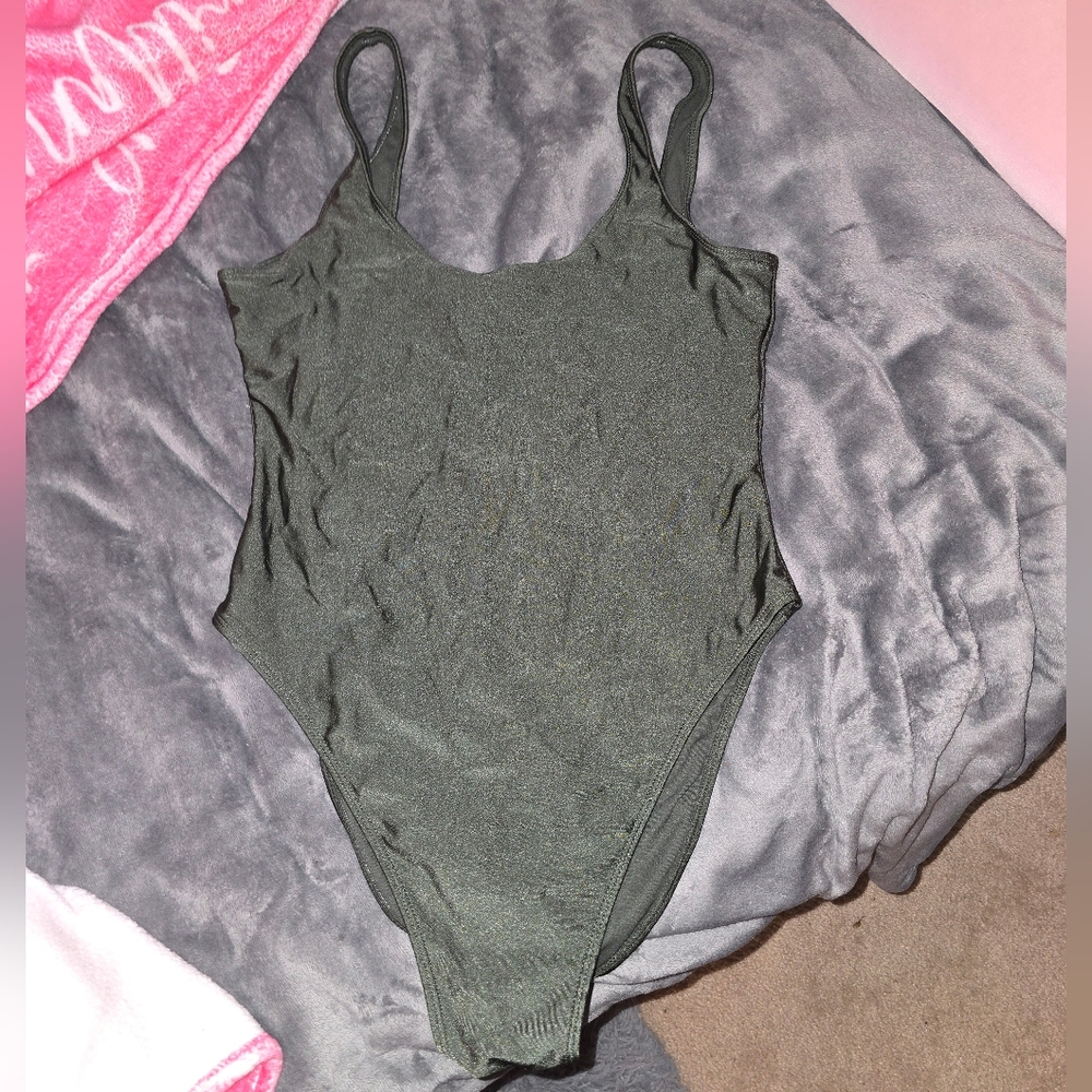 Dixperfect (Size L) Women's Olive Green One Piece Swimsuit Low Back High Sides